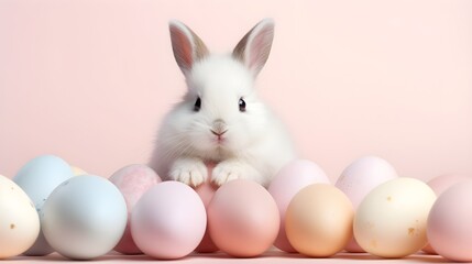 Pastel pink minimal background with a white cute baby easter bunny putting her paws on pastel pink...