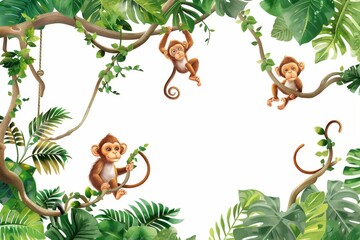 Obraz na płótnie Canvas Illustration of playful monkeys swinging from tree branches in a vibrant jungle setting