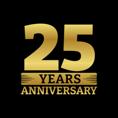 25 years logo or icon. 25th anniversary golden badge. Birthday celebrating, jubilee emblem design with number twenty. Vector illustration.
