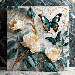 Serenity in Stone: Marble Background Panel with Floral Designs