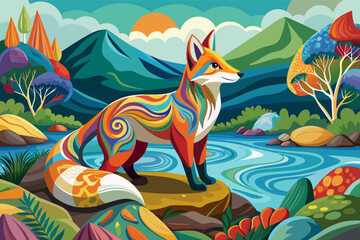 Fototapeta na wymiar A fox painting colorful patterns on river rocks