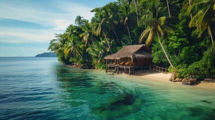 A small hut on the beach surrounded by palm trees, AI - obrazy, fototapety, plakaty