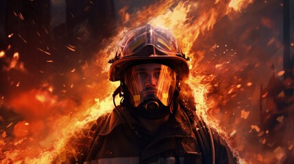 A courageous firefighter engulfed in an intense heat and flames of a raging fire, bravely battling the inferno with determined eyes and protective gear