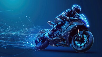 A racer on a sports motorcycle. Polygonal construction of concatenated lines and points.