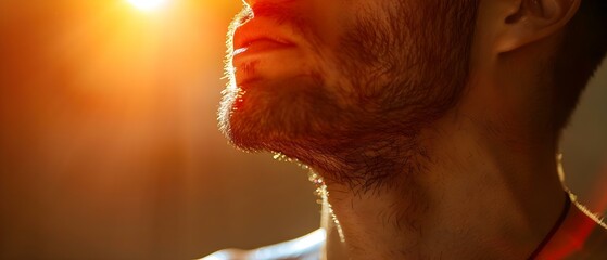 Man Experiencing Discomfort, Sunlit Profile. Concept Discomfort, Profile Portrait, Sunlight Glare, Expressive Emotions - obrazy, fototapety, plakaty