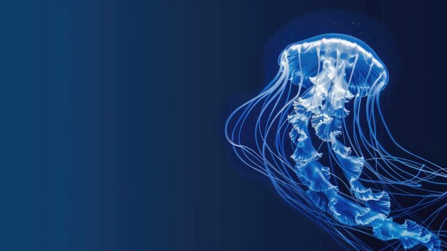 A blue jellyfish gliding in a dark underwater scene.
