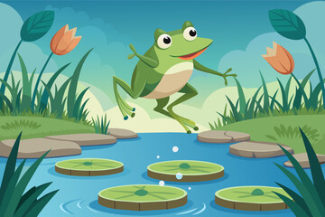 A frog jumping from one stepping stone to another in a pond