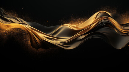 Particules scintillantes et brillantes en or sur un fond noir. Flux en mouvement. Paillettes dorées et flou. Fond pour bannière, conception et création graphique.