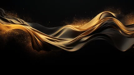 Fotobehang Particules scintillantes et brillantes en or sur un fond noir. Flux en mouvement. Paillettes dorées et flou. Fond pour bannière, conception et création graphique. © FlyStun