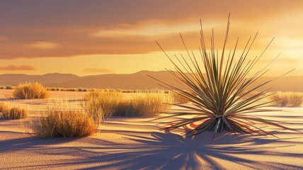 Yucca plant silhouette during golden hour in desert landscape. - obrazy, fototapety, plakaty