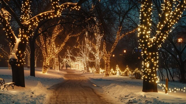 Snow-covered park at night, lit by festive warm lights.
