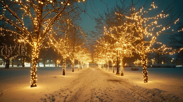Snowy path lined with trees wrapped in warm lights.