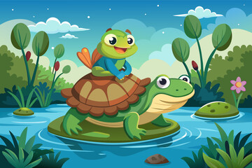 A frog riding a friendly turtle across a pond