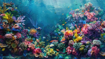 Fototapeta na wymiar Vibrant underwater coral reef with diverse marine life.