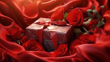 A luxurious gift box wrapped in a vibrant red silk, nestled in a bed of velvety red roses, soft petals scattering around, creating an enchanting Valentine's Day ambiance