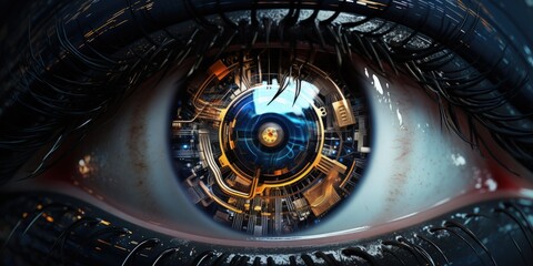 A close-up of a cybernetic eye, the intricate details of metallic components and glowing circuitry visible, set against a dark