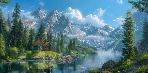 Fototapeta premium horizontal tranquil landscape with lake and mountains