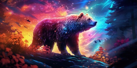 A majestic bear with a holographic shimmer, its fur reflecting an array of shifting colors, standing in a mystical forest surrounded by iridescent foliage