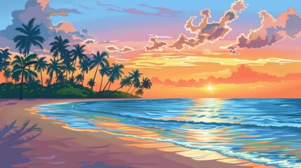 Fototapeta na wymiar A painting of a sunset on the beach with palm trees, AI