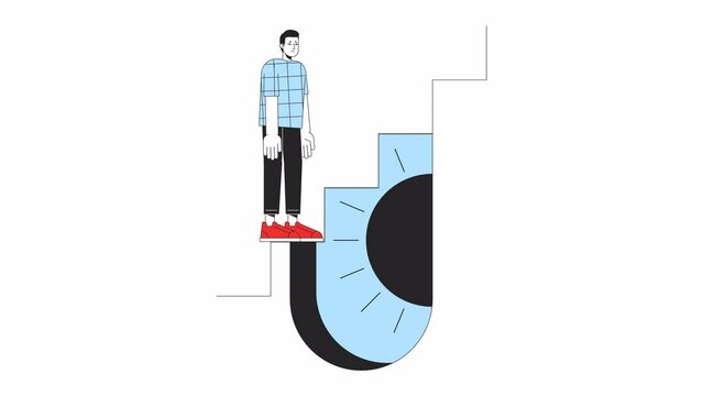 Man going up surreal stairs line 2D animation. Disoriented male lost in space with no way out 4K video motion graphic. Mental health disorder linear animated cartoon flat concept, white background