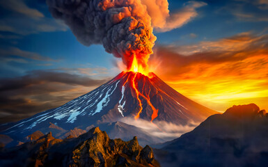 Spectacular volcano eruption with lava floating from the mountain and black smoke rising to the sky. - 788234571