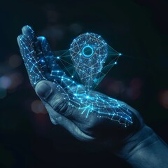 Mapping the future: digital hands set location on map, abstract image of map icon dark blue lines color, shipping and logistics innovation and new office research. AI