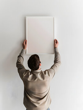 Modern Home Interior And Domestic Decor. Rear back view of a man hanging a painting, putting photo picture frame on a white wall. The casual guy holding showing empty mock-up poster