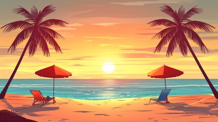 Fototapeta na wymiar Two chairs and a beach umbrella on the sand at sunset, AI
