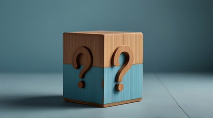 Illustration question mark symbol on wooden cube isolated on light blue background, Frequently asked questions for websites, social media business networks issues,Space for text, Generative.AI