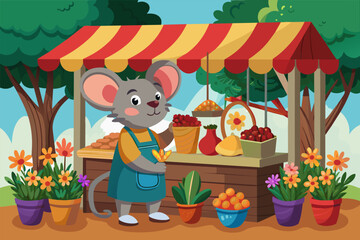 A mouse selling flowers from a tiny market stall