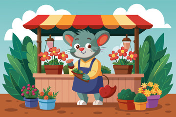 A mouse selling flowers from a tiny market stall