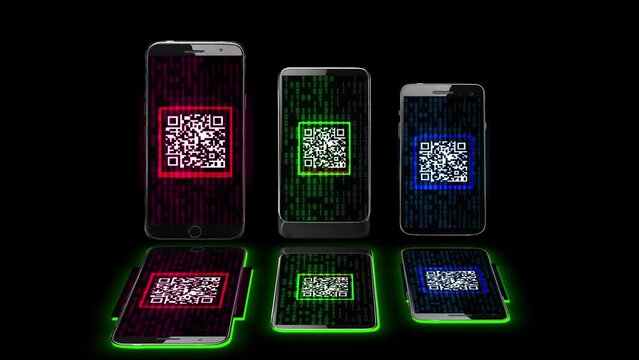 Smartphone With Bar Code Technology. Smart Phone Standing With Code Scanner On Black Background Qr Code Scanner Background Animation. Qr Code Scanner With Mobile App. Mobile Phone With Qr Code Animati