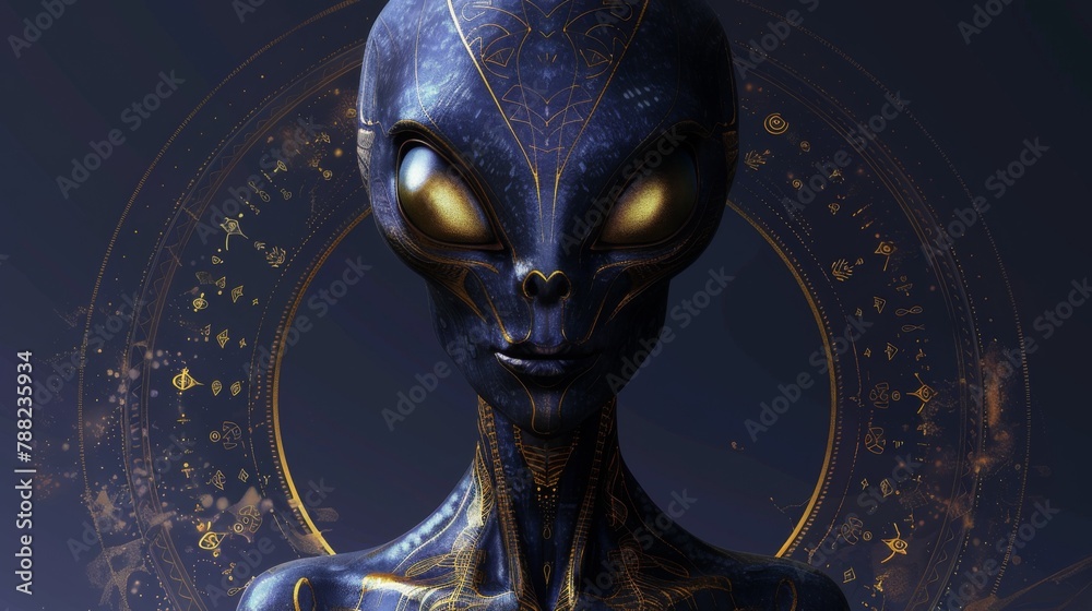 Poster a close up of a blue alien with gold eyes and glowing lines, ai