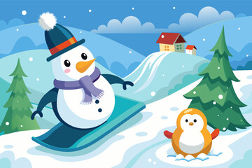 A penguin sliding down a snowy hill with a snowman