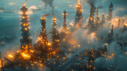 a massive industrial refinery, featuring intricate piping systems and engulfed in a chemical haze, illuminated by the artificial glow of halogen lights