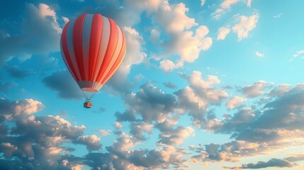 Striped hot air balloon soaring high in the sky - obrazy, fototapety, plakaty