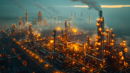 a massive industrial refinery, featuring intricate piping systems and engulfed in a chemical haze, illuminated by the artificial glow of halogen lights - obrazy, fototapety, plakaty