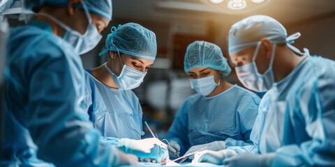 Surgical operating room team performing operation in modern hospital, healthcare. Generative AI