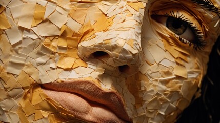 A close-up of a woman's face intricately adorned with melted cheese, emphasizing the textures and patterns created by the flowing cheese