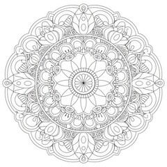 Circular Mandala Coloring Book Page. Generative AI.