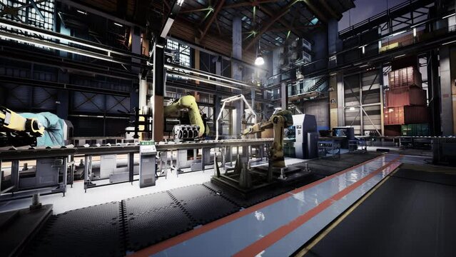A bustling scene within a robotic plant for the production of heavy equipment, showcasing workers operating machinery.