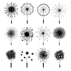 Obraz premium A monochromatic collection of abstract illustrations reminiscent of fireworks or dandelions