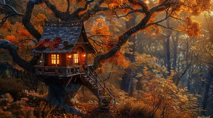 Foto op Canvas Charming Wooden Treehouse in Misty Autumnal Forest. A serene, fairy-tale world where cozy wooden house nestle high within the branches of trees cloaked in autumn's golden hues. The treehouse glows wit © Vilius