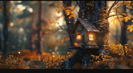 Fotobehang Charming Wooden Treehouse in Misty Autumnal Forest. A serene, fairy-tale world where cozy wooden house nestle high within the branches of trees cloaked in autumn's golden hues. The treehouse glows wit © Vilius