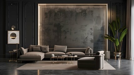 Luxury living room in dark color. Gray walls, warm ligh and lounge furniture - taupe chairs. Empty space for art or picture. Rich interior design. Mockup of a lounge room or hall reception. 3d render