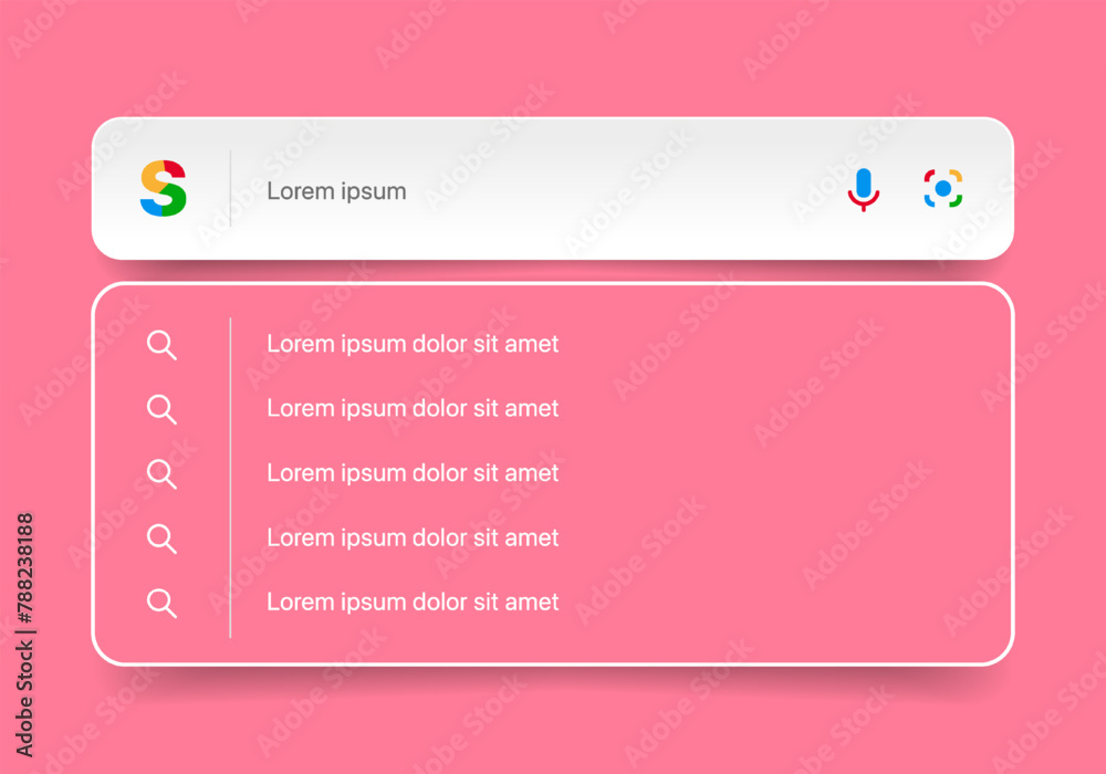 Poster Search Bar with suggestions for UI UX design and web site. Search Address and navigation bar icon. Collection of search form templates for websites. Search engine web browser window template.