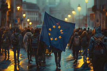 people marching carrying european flags