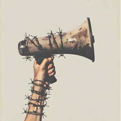 person holds a megaphone wound with barbed wire