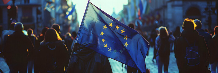 people marching and european flag, panoramic - 788238172