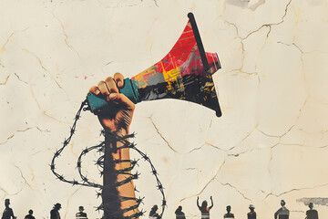 arm wound with barbed wire holding a megaphone - obrazy, fototapety, plakaty